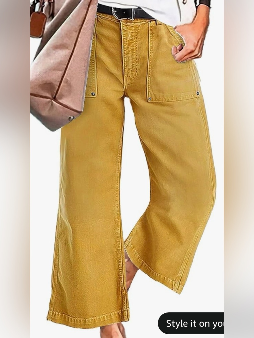 Flamingals Wide Leg Flap Pocket Mid Waist Cropped Pants Yellow - Picture 2 of 8